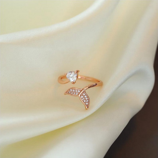Picture of Stylish Open Adjustable Rings Rose Gold Fishtail Clear Rhinestone 16mm(US size 5.25), 1 Piece