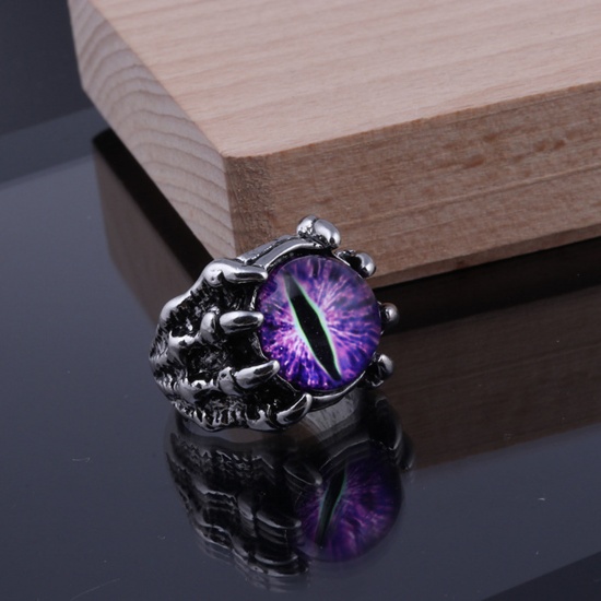 Picture of Religious Open Adjustable Rings Antique Pewter Purple Evil Eye 16mm(US size 5.25), 1 Piece