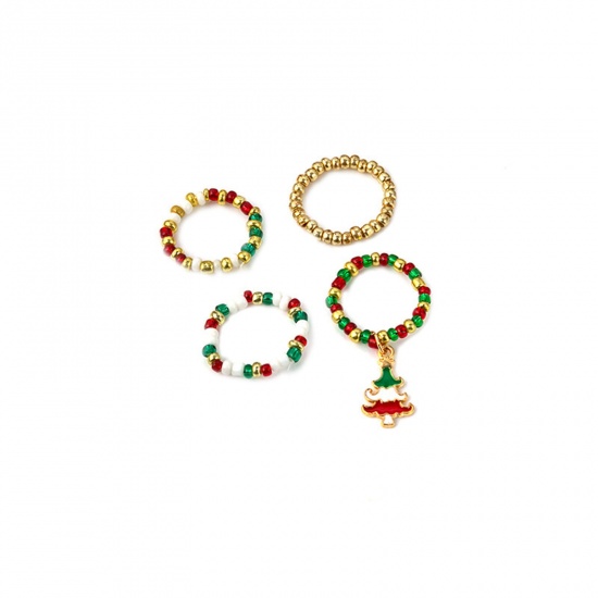 Picture of Resin Cute Elastic Stretch Beaded Rings Multicolor Christmas Tree 20mm(US Size 10.25), 1 Set ( 4 PCs/Set)