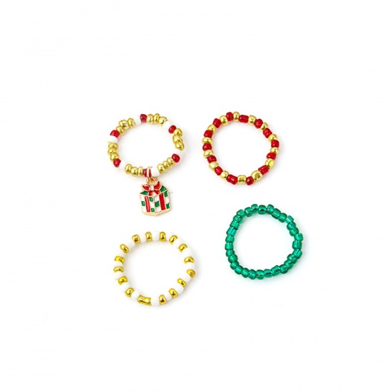 Picture of Resin Cute Elastic Stretch Beaded Rings Multicolor Christmas Gift Box 20mm(US Size 10.25), 1 Set ( 4 PCs/Set)