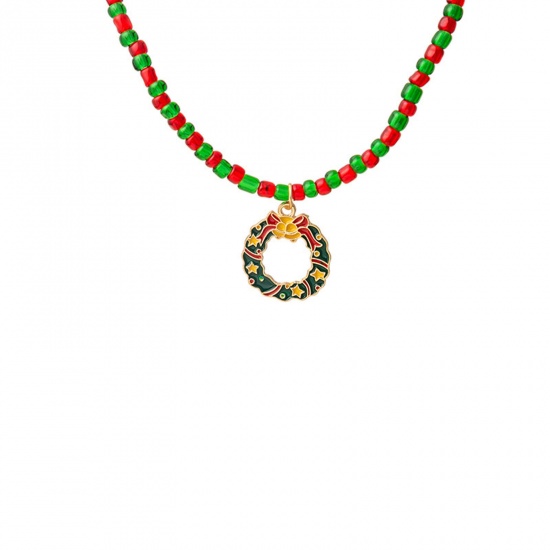Picture of Acrylic Stylish Beaded Necklace Multicolor Christmas Wreath Enamel 44cm(17 3/8") long, 1 Piece