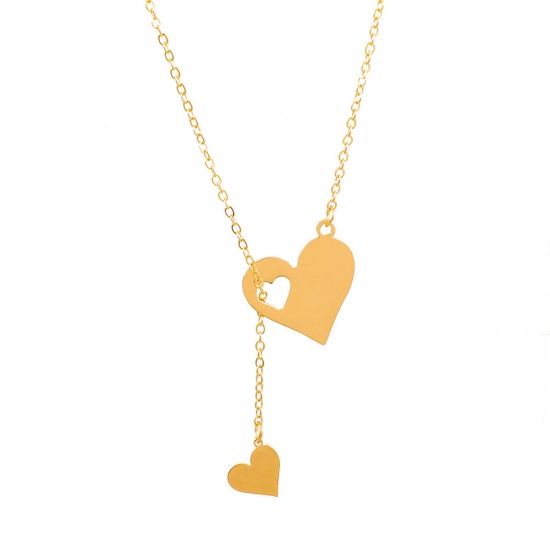 Immagine di 304 Acciaio Inossidabile San Valentino Lariat Collana Oro Placcato Cuore Filigrana 47cmLunghezza, 1 Pz