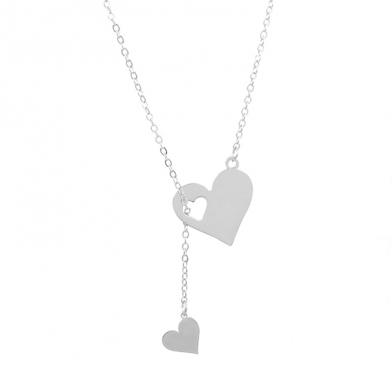 Immagine di 304 Acciaio Inossidabile San Valentino Lariat Collana Tono Argento Cuore Filigrana 47cmLunghezza, 1 Pz