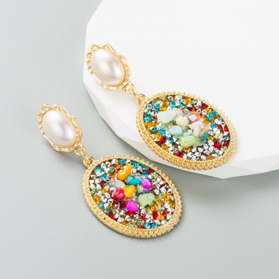 Picture of Acrylic Elegant Earrings Gold Plated Multicolor Chip Beads Oval Imitation Pearl 7.5cm x 3.5cm, 1 Pair