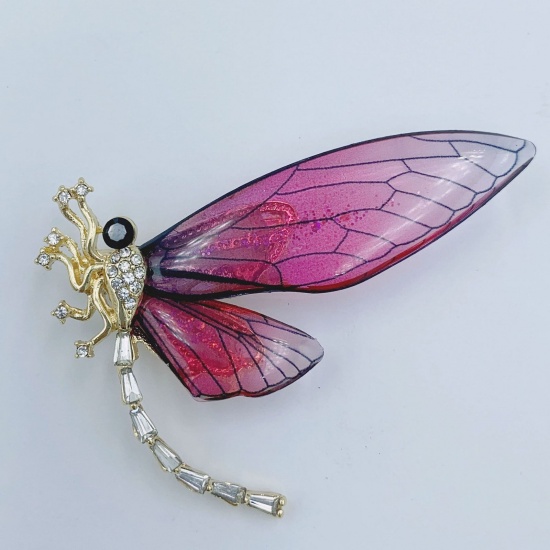 Picture of Insect Pin Brooches Dragonfly Animal KC Gold Plated Fuchsia Clear Rhinestone 6.2cm x 4.7cm, 1 Piece