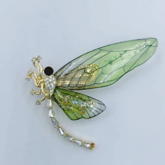 Picture of Insect Pin Brooches Dragonfly Animal KC Gold Plated Green Clear Rhinestone 6.2cm x 4.7cm, 1 Piece