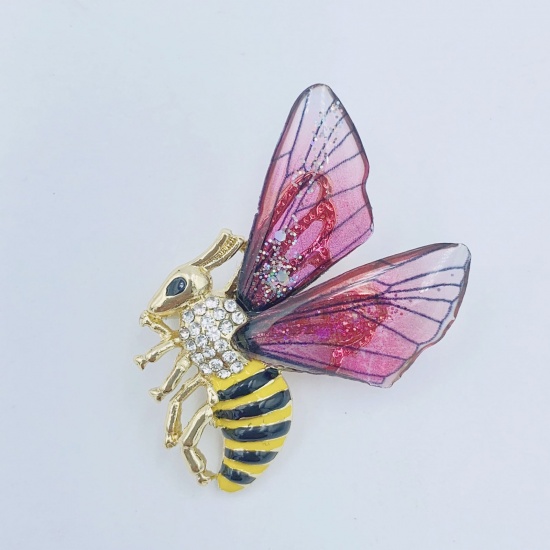 Picture of Insect Pin Brooches Bee Animal KC Gold Plated Fuchsia Clear Rhinestone 4cm x 3.5cm, 1 Piece