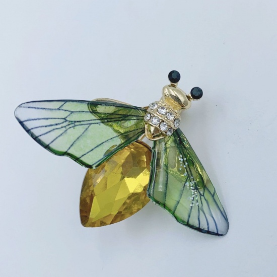 Picture of Insect Pin Brooches Bee Animal KC Gold Plated Green Multicolor Rhinestone 4.2cm x 3.3cm, 1 Piece