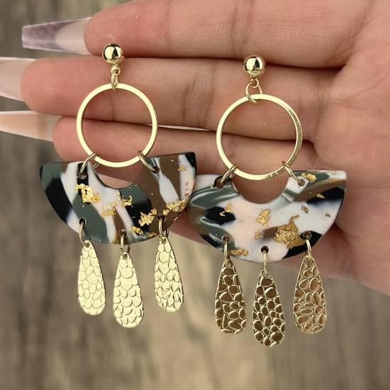 Picture of Resin Stylish Earrings Gold Plated Tassel Drop Splicing 6.2cm x 3.5cm, 1 Pair