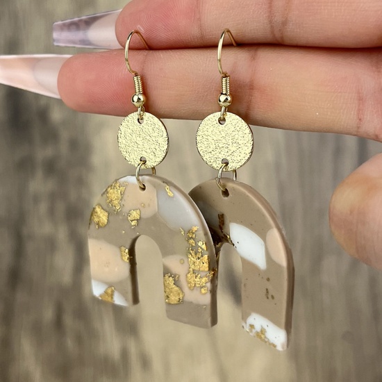 Picture of Resin Stylish Earrings Gold Plated Luck Horseshoe Splicing 6cm x 3.3cm, 1 Pair