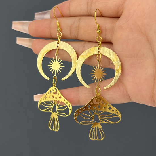 Picture of Stylish Earrings Gold Plated Mushroom Sun & Moon Hollow 8.5cm x 3cm, 1 Pair