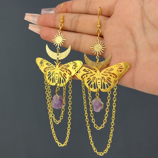 Picture of Simulated Fluorite Stylish Earrings Gold Plated Link Chain Butterfly Hollow 12.8cm x 4.8cm, 1 Pair