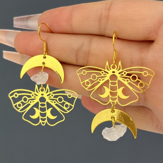 Picture of Crystal Stylish Asymmetric Earrings Gold Plated Butterfly Animal Moon Hollow 5.1cm x 3.5cm, 1 Pair