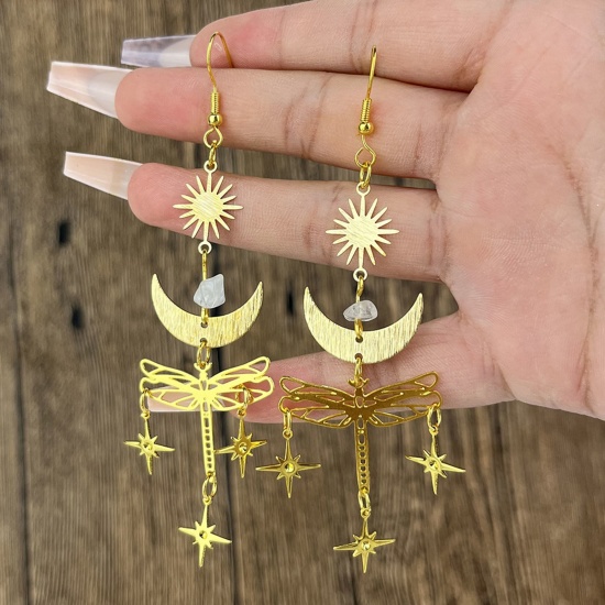 Picture of Crystal Stylish Earrings Gold Plated Dragonfly Animal Sun & Moon Hollow 9.7cm x 2.8cm, 1 Pair