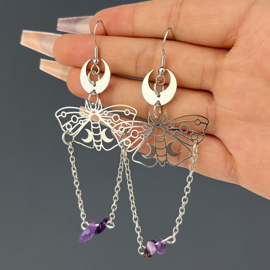 Picture of Simulated Fluorite Stylish Earrings Silver Tone Butterfly Animal Moon Hollow 8.8cm x 3.6cm, 1 Pair