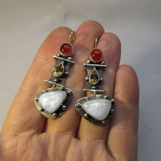 Picture of Boho Chic Bohemia Earrings Antique Pewter White & Red Geometric Imitation Gemstones 6cm, 1 Pair