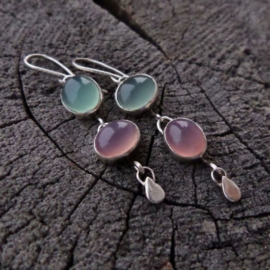 Picture of Boho Chic Bohemia Earrings Antique Silver Color Green & Light Pink Oval Drop Cat's Eye Imitation 7cm, 1 Pair