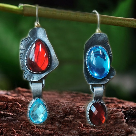 Picture of Boho Chic Bohemia Asymmetric Earrings Antique Pewter Red & Blue Irregular Oval Imitation Gemstones 6cm, 1 Pair