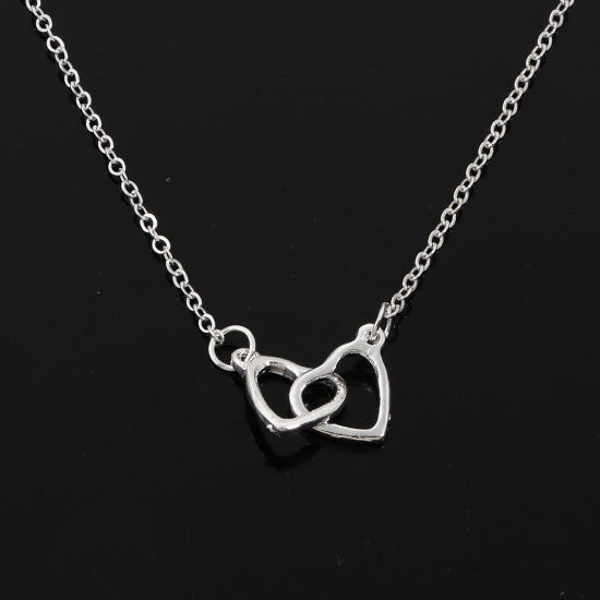 Picture of Valentine's Day Pendant Necklace Silver Tone Heart Hollow 40cm(15 6/8") long, 1 Piece