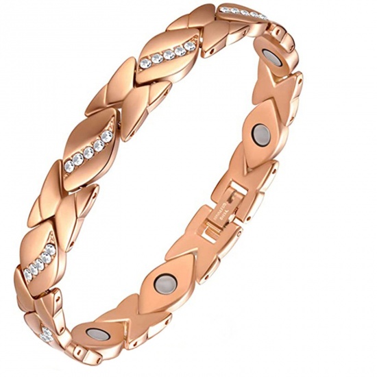 Picture of 1 Piece Therapy Health Weight Loss Energy Slimming Lymphatic Drainage Magnetic Bracelets Rose Gold Leaf Clear Rhinestone 21cm(8 2/8") long