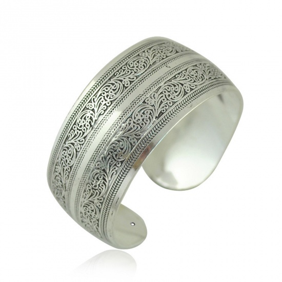 Picture of Boho Chic Bohemia Open Cuff Bangles Bracelets Antique Silver Color Carved Pattern 6cm Dia, 1 Piece
