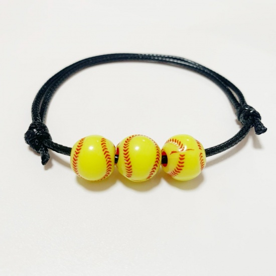 Picture of Resin Sport Waved String Braided Friendship Bracelets Lemon Yellow Baseball 19cm(7 4/8") long, 1 Piece