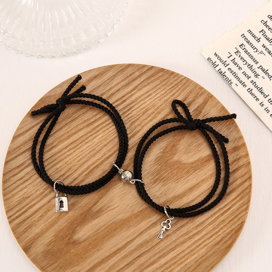 Picture of Cute Bracelet Set Black Key Lock Magnetic 21cm(8 2/8") long, 1 Set ( 2 PCs/Set)