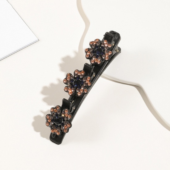 Picture of Resin Braided Hair Clips Black Flower Multicolor Rhinestone 9.5cm x 3cm, 1 Piece