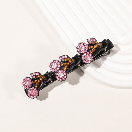 Picture of Resin Braided Hair Clips Black Cherry Fruit Pink Rhinestone 9.5cm x 3cm, 1 Piece