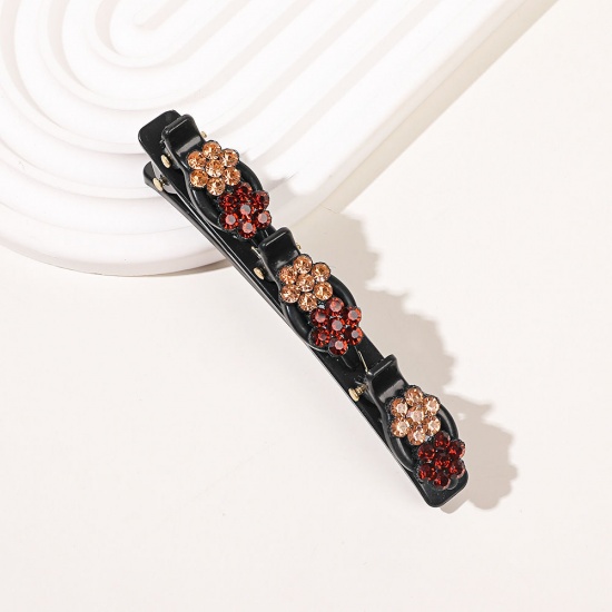 Picture of Resin Braided Hair Clips Black Flower Champagne Rhinestone 9.5cm x 3cm, 1 Piece