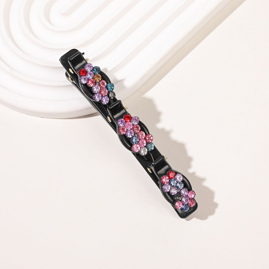 Picture of Resin Braided Hair Clips Black Flower Multicolor Rhinestone 9.5cm x 3cm, 1 Piece