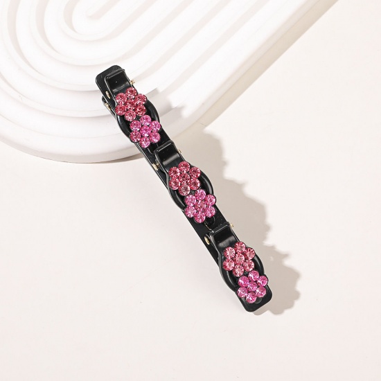 Picture of Resin Braided Hair Clips Black Flower Pink Rhinestone 9.5cm x 3cm, 1 Piece
