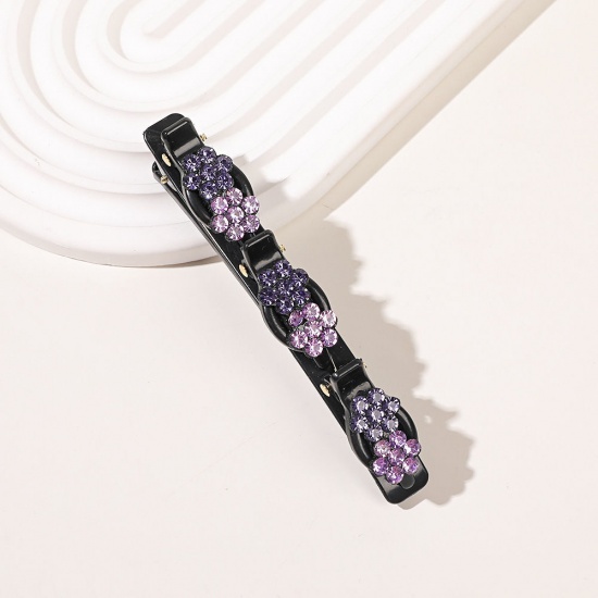 Picture of Resin Braided Hair Clips Black Flower Purple Rhinestone 9.5cm x 3cm, 1 Piece