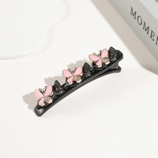 Picture of Resin Braided Hair Clips Pink Butterfly Animal Clear Rhinestone Enamel 9.5cm x 3cm, 1 Piece