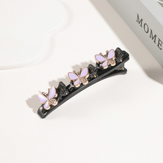 Picture of Resin Braided Hair Clips Purple Butterfly Animal Clear Rhinestone Enamel 9.5cm x 3cm, 1 Piece