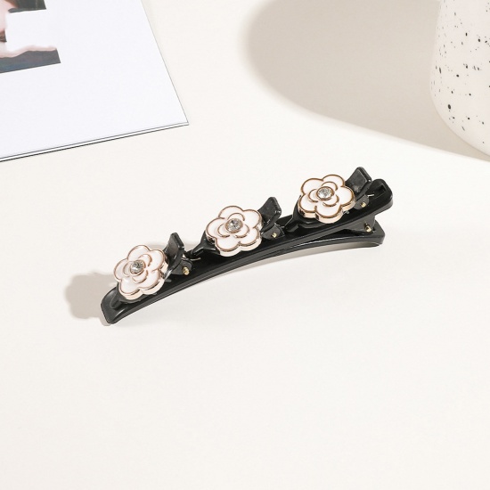 Picture of Resin Braided Hair Clips White Flower Clear Rhinestone 9.5cm x 3cm, 1 Piece