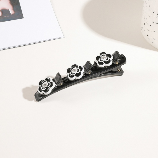 Picture of Resin Braided Hair Clips Black & White Flower Clear Rhinestone 9.5cm x 3cm, 1 Piece