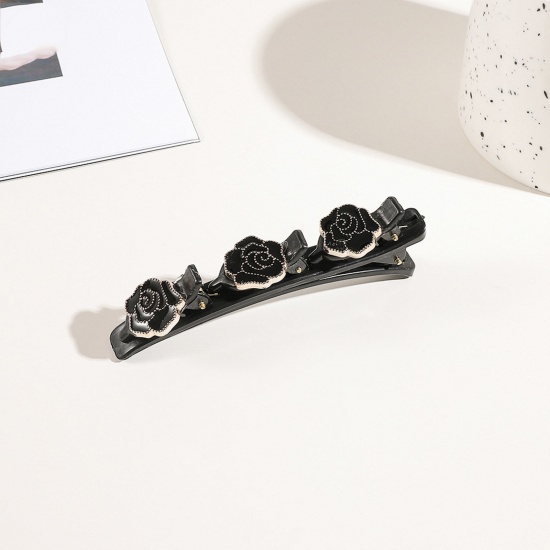 Picture of Resin Braided Hair Clips Black Rose Flower 9.5cm x 3cm, 1 Piece