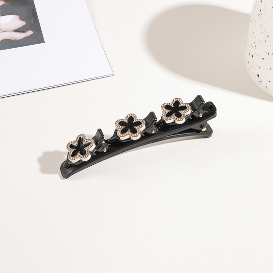 Picture of Resin Braided Hair Clips Black Flower Clear Rhinestone 9.5cm x 3cm, 1 Piece