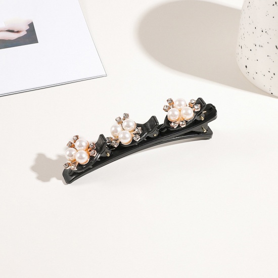 Picture of Resin Braided Hair Clips Gold Plated White Flower Clear Rhinestone Imitation Pearl 9.5cm x 3cm, 1 Piece