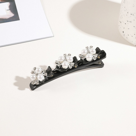 Picture of Resin Braided Hair Clips Silver Tone White Flower Clear Rhinestone Imitation Pearl 9.5cm x 3cm, 1 Piece