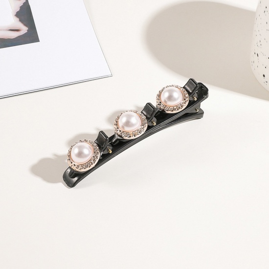 Picture of Resin Braided Hair Clips Black Flower Clear Rhinestone Imitation Pearl 9.5cm x 3cm, 1 Piece