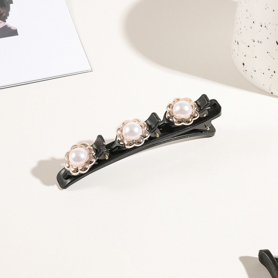 Picture of Resin Braided Hair Clips Black Flower Clear Rhinestone Imitation Pearl 9.5cm x 3cm, 1 Piece
