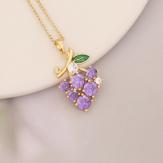 Picture of Brass Stylish Pendant Necklace Gold Plated Grape Fruit Clear Rhinestone Purple Cubic Zirconia 40cm(15 6/8") long, 1 Piece