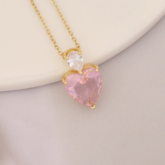 Picture of Copper Stylish Pendant Necklace Gold Plated Heart Clear Rhinestone Pink Cubic Zirconia 40cm(15 6/8") long, 1 Piece