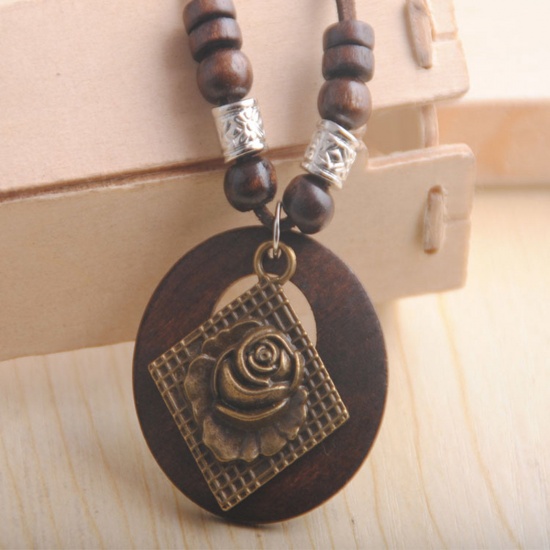 Picture of Wood Boho Chic Bohemia Sweater Necklace Long Antique Bronze Dark Brown Circle Ring Rose Flower 80cm(31 4/8") long, 1 Piece