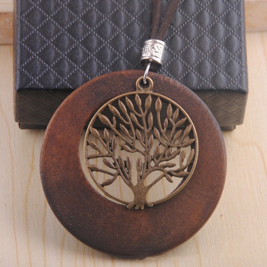 Picture of Wood Boho Chic Bohemia Sweater Necklace Long Antique Bronze Brown Circle Ring Tree of Life Hollow 80cm(31 4/8") long, 1 Piece