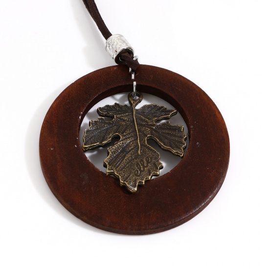 Picture of Wood Boho Chic Bohemia Sweater Necklace Long Antique Bronze Dark Brown Circle Ring Maple Leaf 80cm(31 4/8") long, 1 Piece