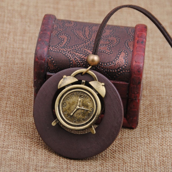 Picture of Wood Boho Chic Bohemia Sweater Necklace Long Antique Bronze Dark Brown Alarm Clock Circle Ring 80cm(31 4/8") long, 1 Piece