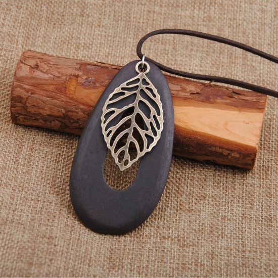 Picture of Wood Boho Chic Bohemia Sweater Necklace Long Antique Bronze Dark Brown Circle Ring Leaf Hollow 80cm(31 4/8") long, 1 Piece